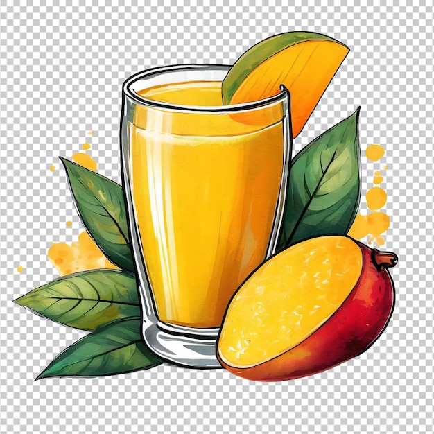 PSD mango-saft in einem glas mit mango-schnitten und blättern