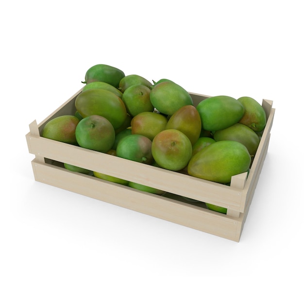 Mango verde fresco en una caja de madera