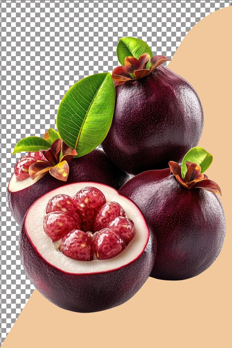 Mangosteen Frutas exóticas dulces y picantes Hiperrealistas Plana blanca aislada Fondo transparente