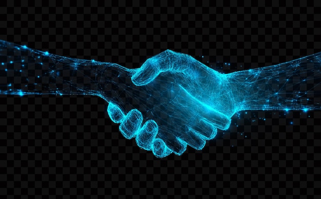Mani blu luminose astratte digitali che si tengono l'una con l'altra su uno sfondo trasparente
