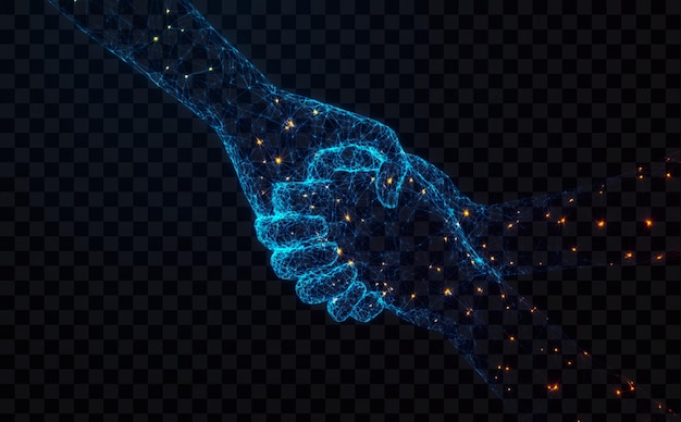 Mani blu luminose astratte digitali che si tengono l'una con l'altra su uno sfondo trasparente