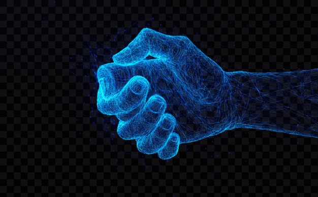 Mani blu luminose astratte digitali che si tengono l'una con l'altra su uno sfondo trasparente