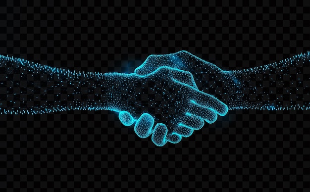 Mani blu luminose astratte digitali che si tengono l'una con l'altra su uno sfondo trasparente