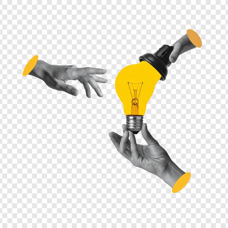 PSD mani che raggiungono l'illustrazione della lampadina