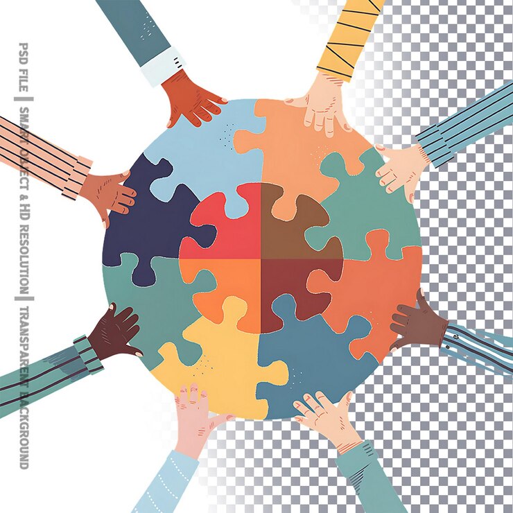 PSD mani che tengono i pezzi del puzzle lavoro di squadra e collaborazione