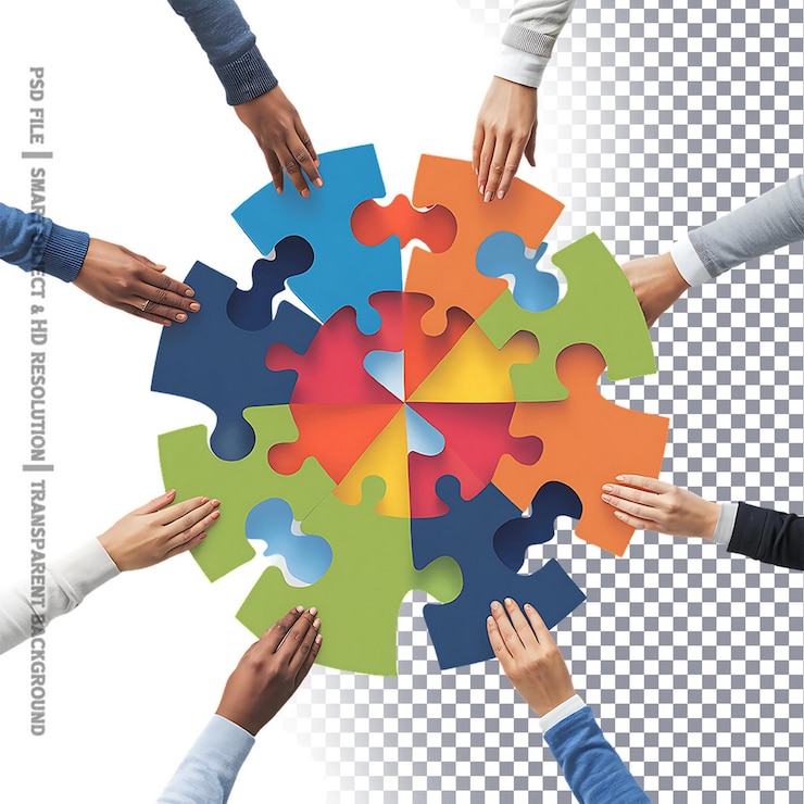 PSD mani che tengono i pezzi del puzzle lavoro di squadra e collaborazione