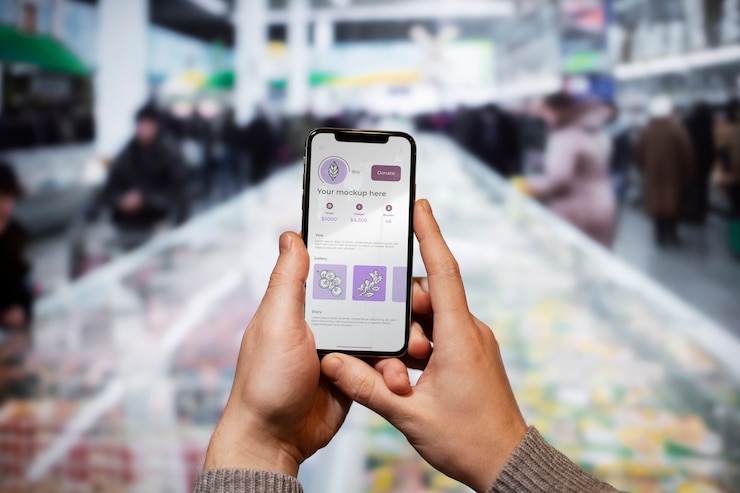 PSD mani che tengono lo smartphone nel supermercato