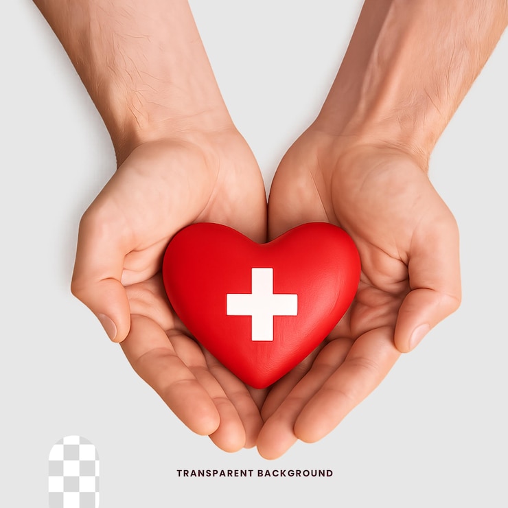 PSD mani che tengono un cuore rosso con un simbolo di croce medica bianca su uno sfondo trasparente