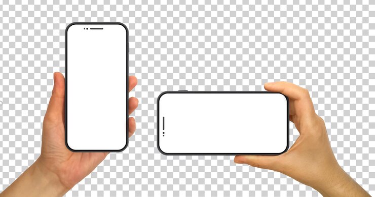 Mani che tengono un modello di telefono cellulare Schermine di smartphone vuote isolate su uno sfondo PSD trasparente