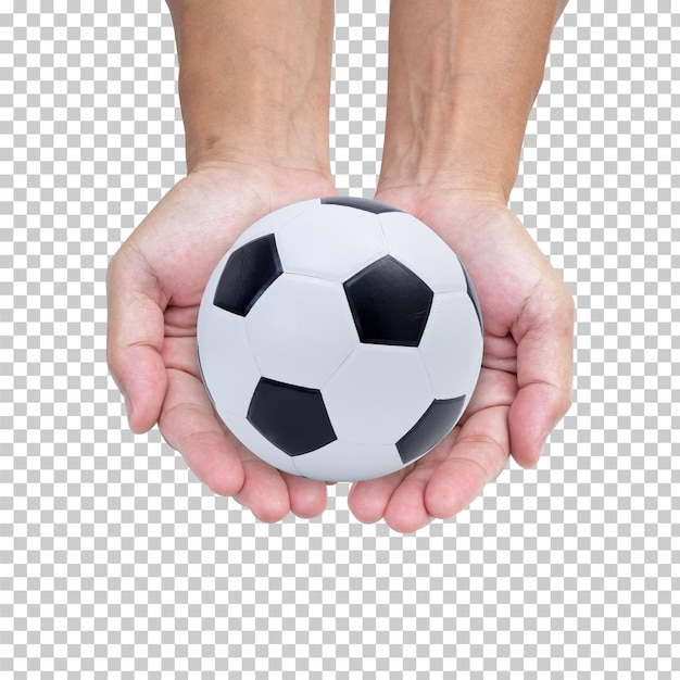 Mani dell'uomo che tengono pallone da calcio isolato
