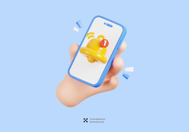 Mani di cartone animato 3D che tengono uno smartphone mobile con icona di notifica del campanello