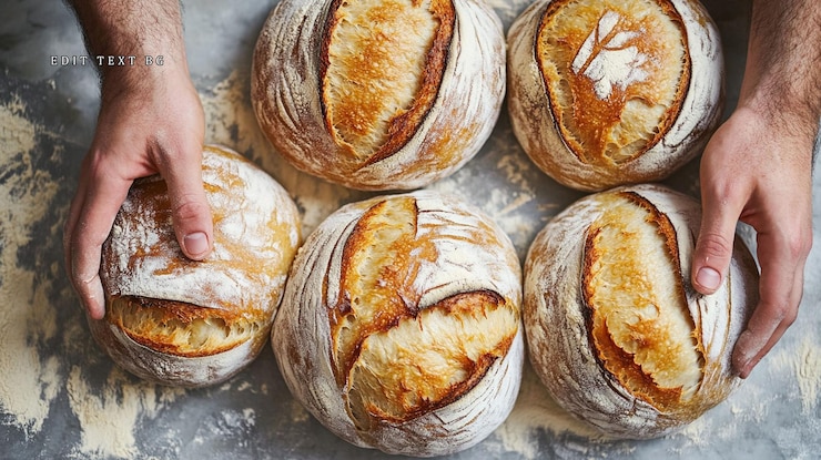 PSD mani di panettieri che mostrano cinque pane di lievito artigianale appena cotto