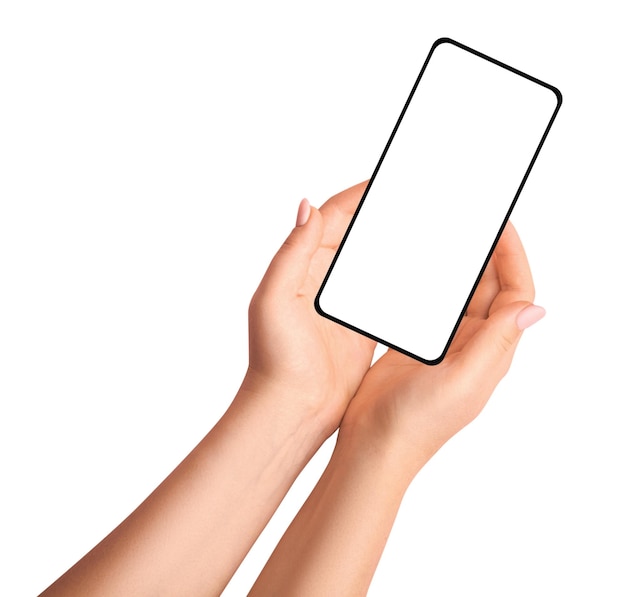 Mani femminili che tengono il telefono su uno sfondo vuoto