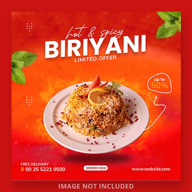 Manifesto di banner quadrato di social media PSD per un ristorante di cibo ramadan biryani