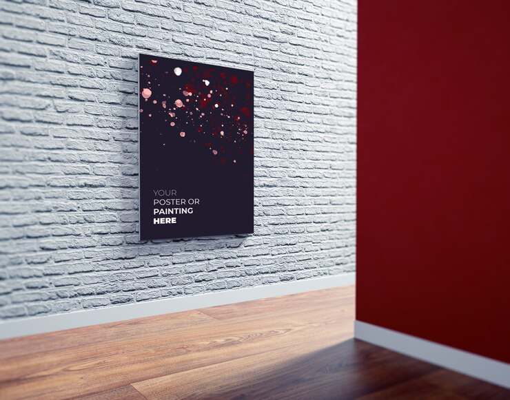 PSD manifesto / materiale illustrativo psd mockup sul muro di mattoni bianchi. poster mockup in interni