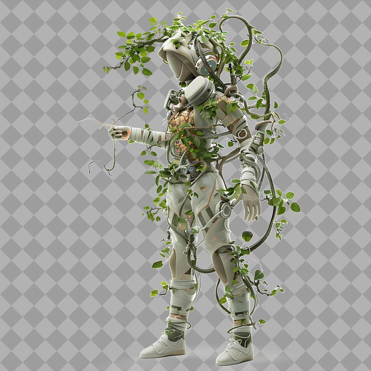 PSD manipuladora de plantas de mujer joven con forma orgánica manipulador de plantas aislado ilustración de personajes 3d
