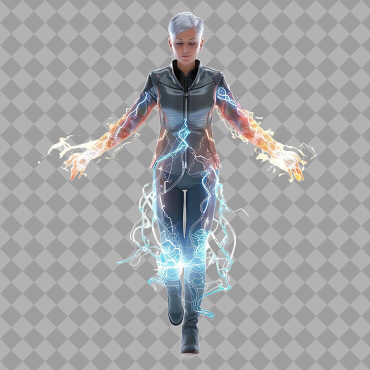 PSD manipulatore di energia di donna di mezza età con forma radiante energ isolato illustrazione di personaggi 3d