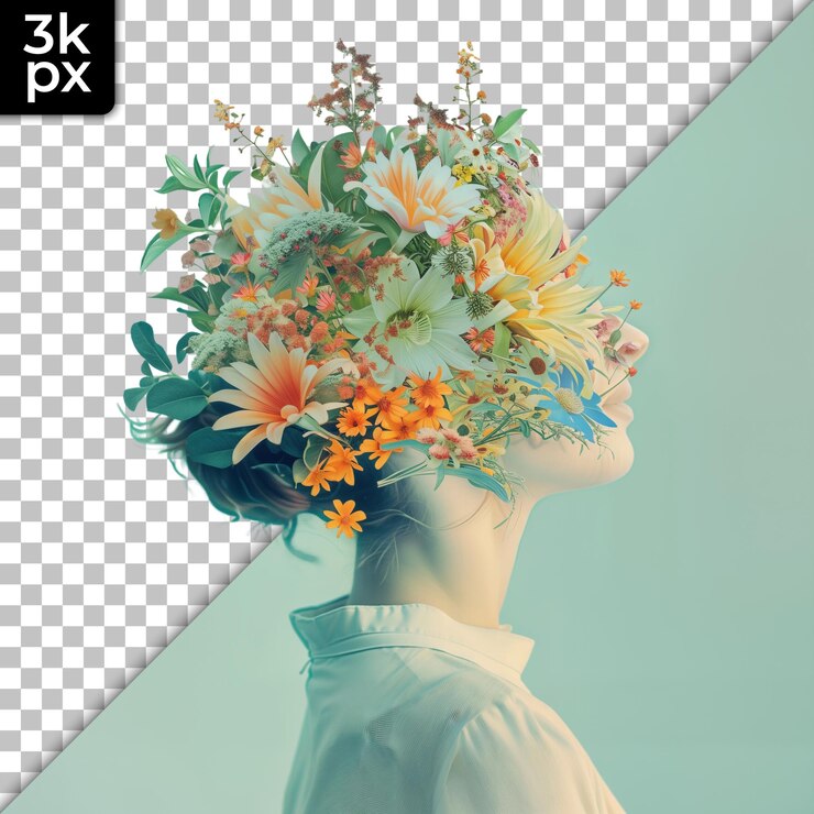 PSD un maniquí con flores en la cabeza y las palabras xm