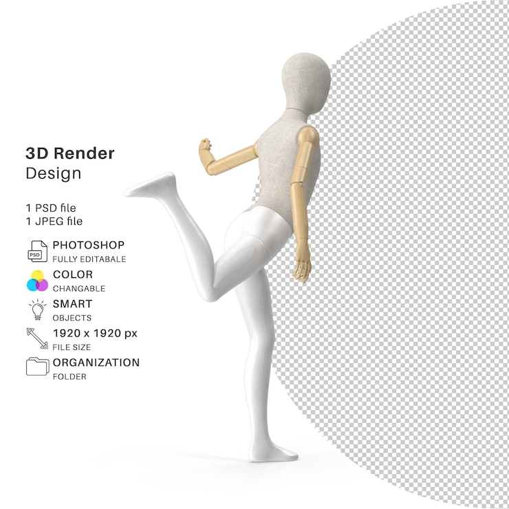 PSD maniquí infantil realista y flexible con pose de equilibrio, modelado 3d, archivo psd