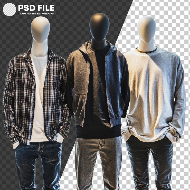 PSD maniquines de png exhibiendo ropa casual en una tienda