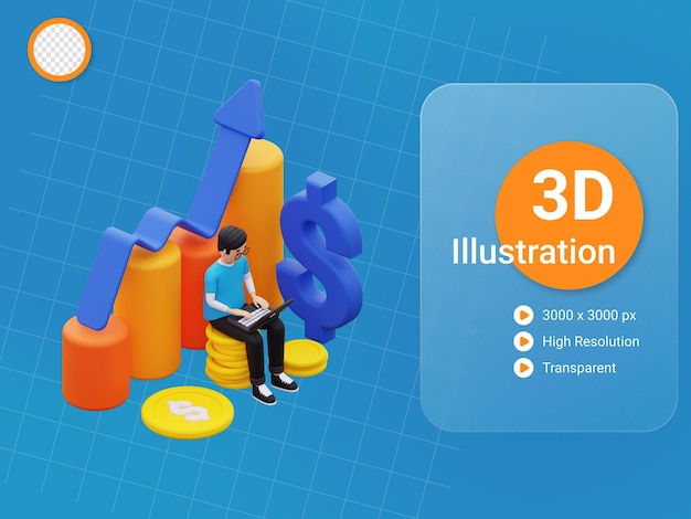 Mann 3d, der finanzinvestitionswachstumsillustration zeigt