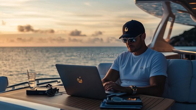 Mann arbeitet bei Sonnenuntergang auf einer Yacht am Laptop