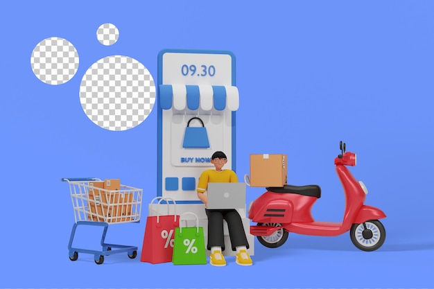Mann beim online-shopping 3d-darstellung