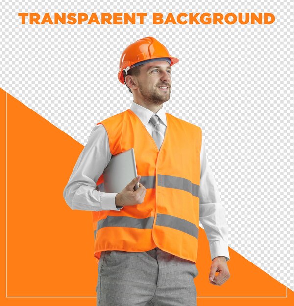 Mann der Baumeister in einer Bauweste und einem orangefarbenen Helm mit Tablet