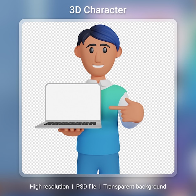 PSD mann, der bildschirm der illustration des laptops 3d zeigt