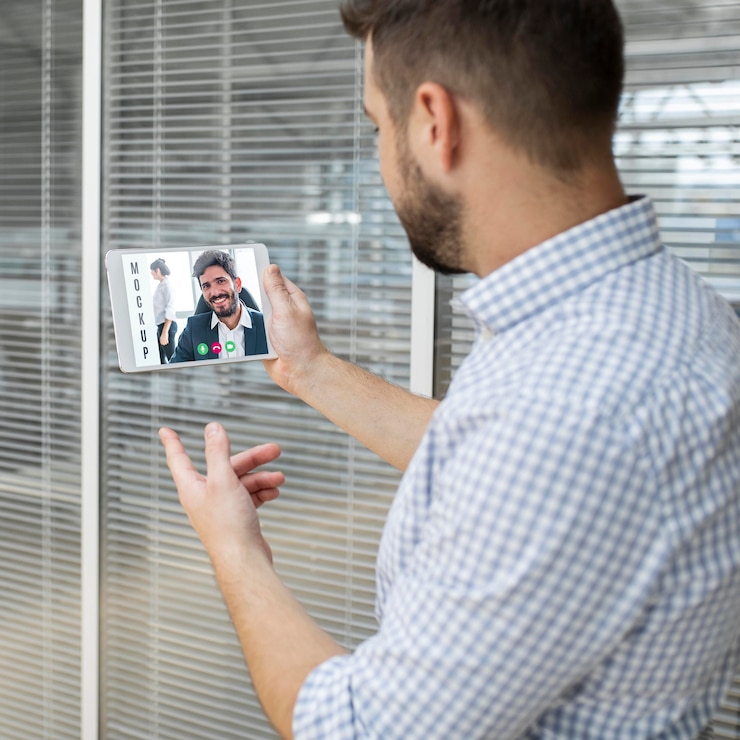 PSD mann, der eine videokonferenz bei der arbeit hat