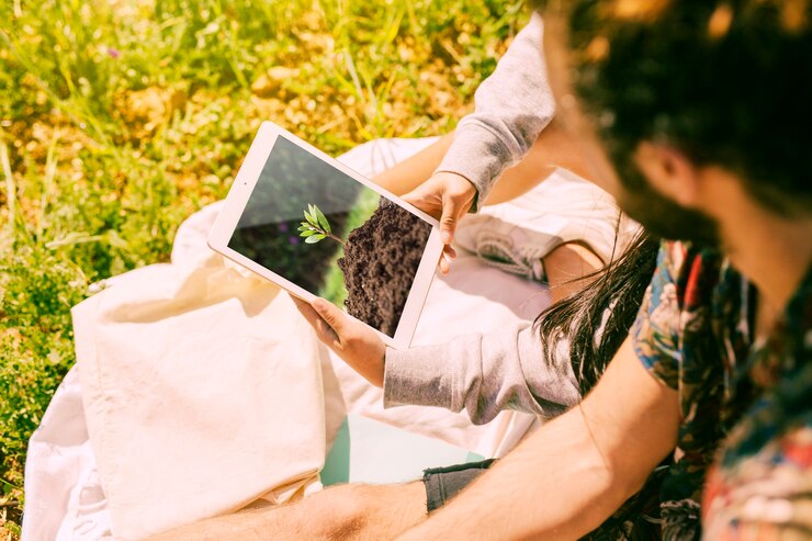 PSD mann, der tablettenmodell in der natur verwendet