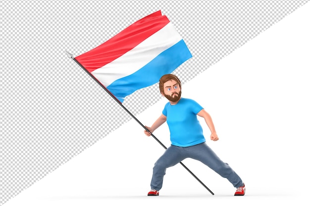 Mann hält stolz die flagge luxemburgs. isoliert auf weißem hintergrund. 3d-rendering
