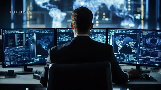 Mann im Anzug überwacht globale Netzwerkdaten auf mehreren Computerbildschirmen