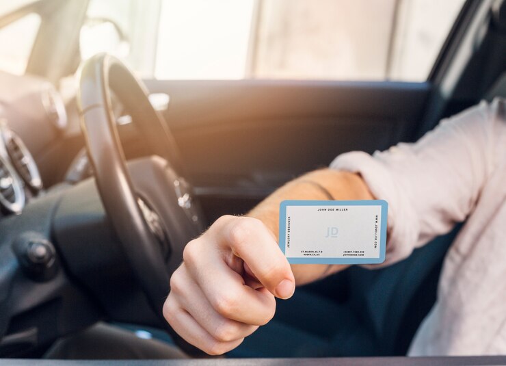 PSD mann im auto mit visitenkarte-modell