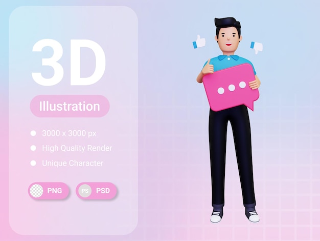 Mann im chat auf social media 3d-illustration