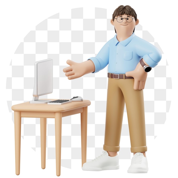 Mann in blauem Hemd präsentiert mit einem Computer im 3D-Cartoon-Stil