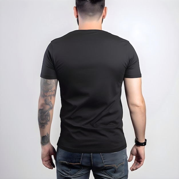Mann in schwarzem T-Shirt mit Tattoo auf dem Arm, Rücksicht