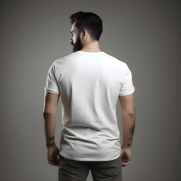 Mann in weißem T-Shirt auf grauem Hintergrund