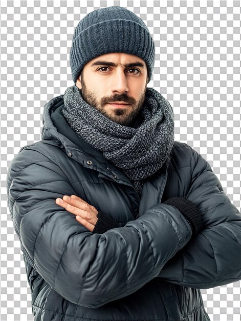 Mann in Winterkleidung mit gekreuzten Armen vor durchsichtigem Hintergrund, um Wintermode oder ein selbstbewusstes, kühles Verhalten zu zeigen