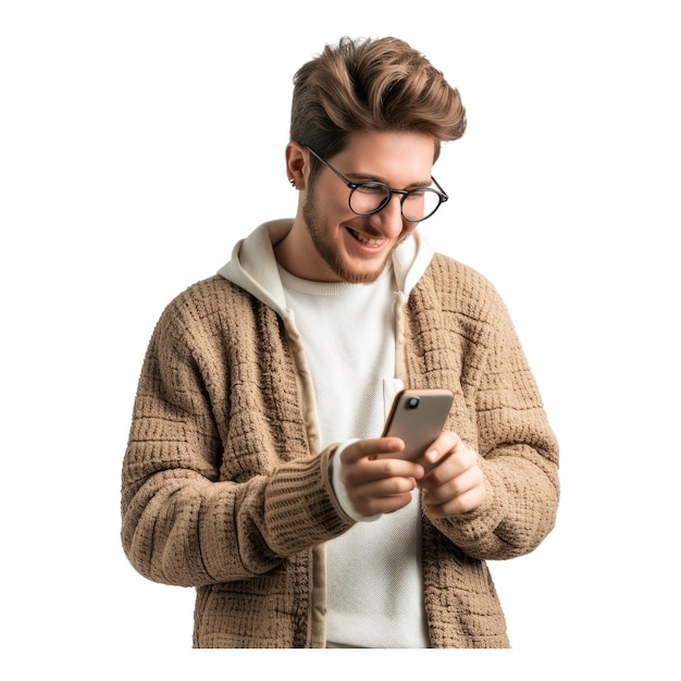 Mann mit Brille benutzt Mobiltelefon
