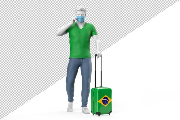 Mann mit gesichtsmaske zieht einen koffer mit der flagge brasiliens