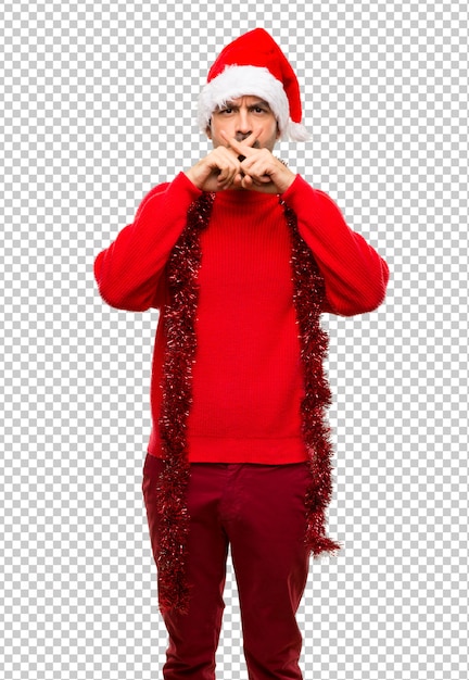 PSD mann mit roter kleidung die weihnachtsfeiertage feiernd, die ein zeichen der ruhegeste zeigen