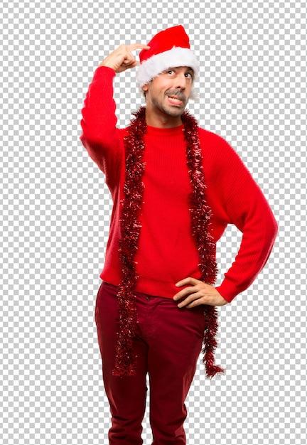 PSD mann mit roter kleidung die weihnachtsfeiertage feiernd, die zweifel beim verkratzen des kopfes haben