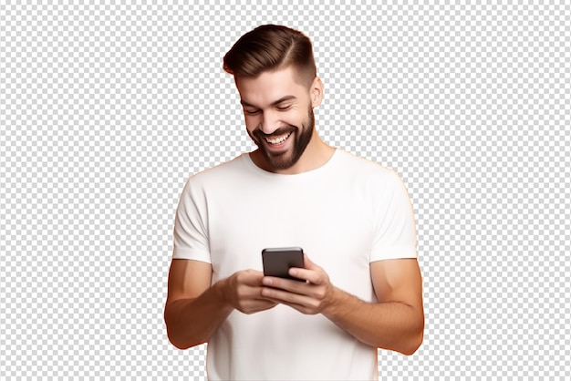 PSD mann schaut auf seinen handy, der auf transparentem hintergrund isoliert steht