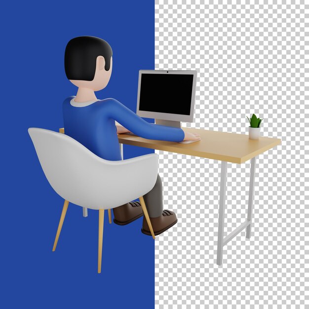 Mann sitzt vor dem Computer Mann arbeitet an einem Laptop Freiberufler 3D-Render 3D-Charakter
