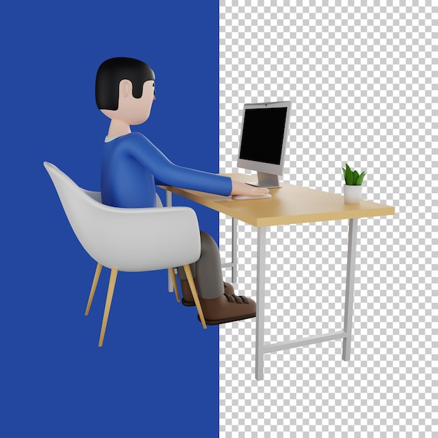 Mann sitzt vor dem Computer Mann arbeitet an einem Laptop Freiberufler 3D-Render 3D-Charakter