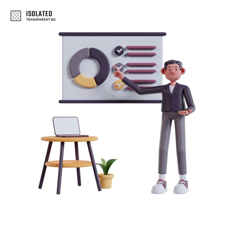 PSD mann spricht und zeigt auf eine präsentation auf einer weißen tafel, in der er marketingdaten erklärt