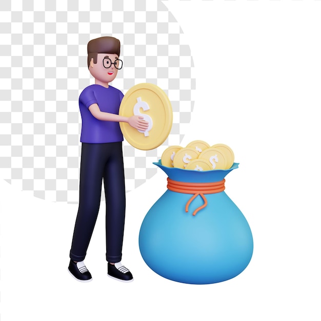 Mann steckt geld in tasche 3d-illustration