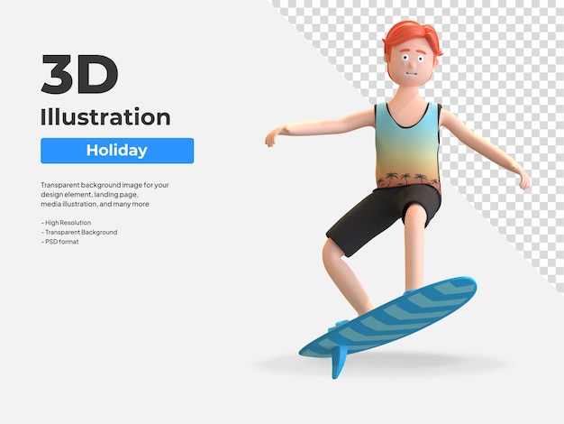 Mann steht auf surfbrett 3d-charakterillustration