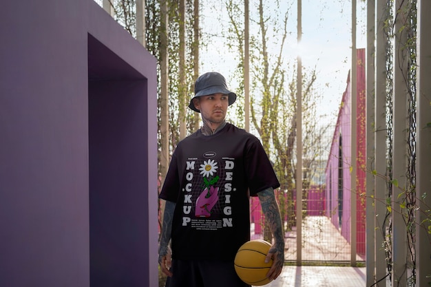 PSD mann trägt cyber-streetwear-t-shirt-attrappe mit urbanem design auf dem basketballplatz